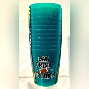 Set of 12 16 oz. reusable plastic cups, Eat drink Football.